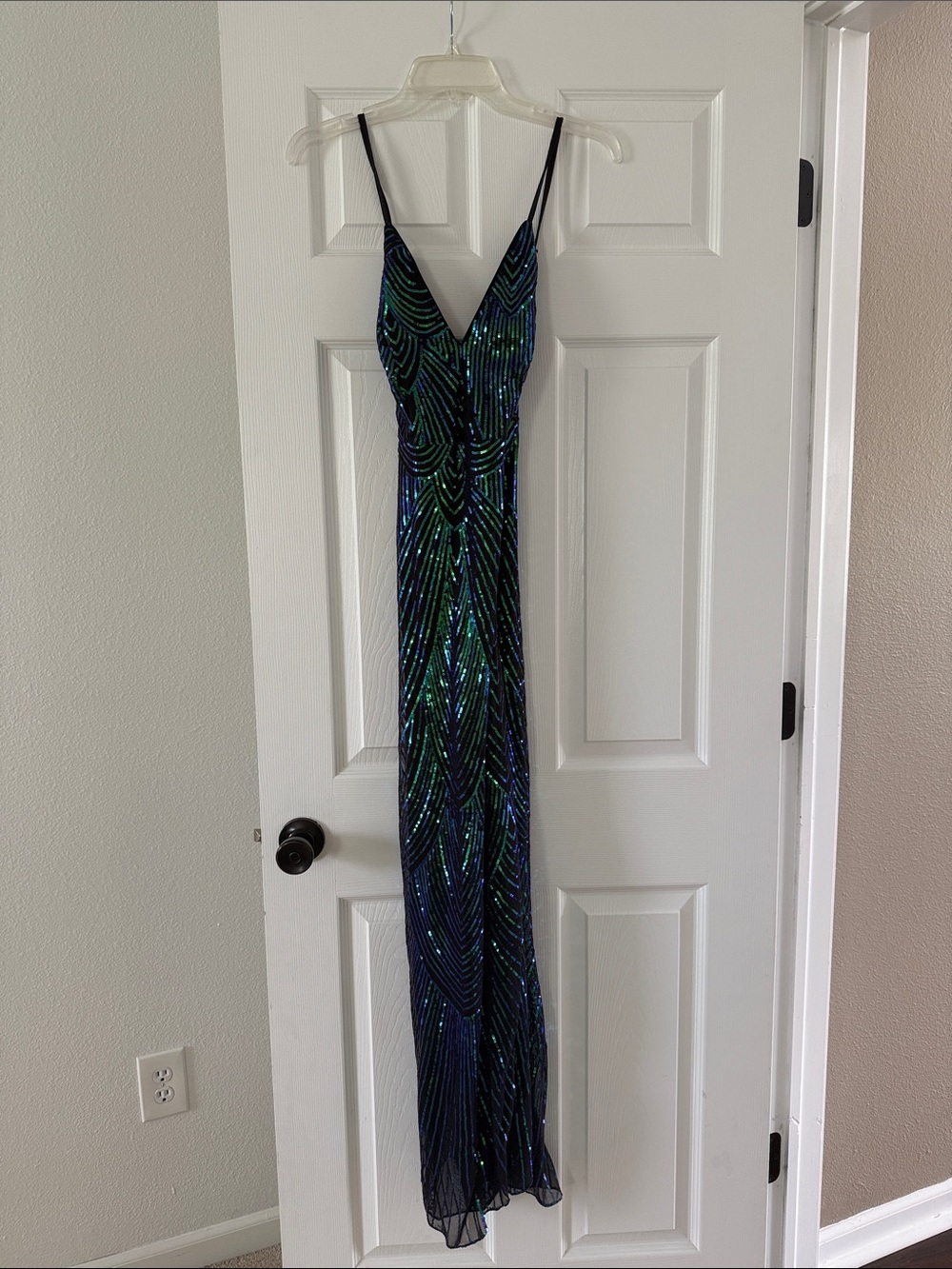 Sequin Beaded V-Neck Gown in Blue-Green